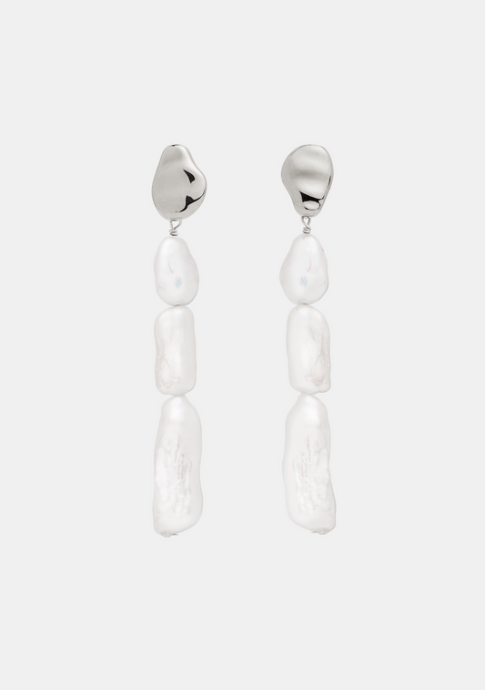 Cielo Long Pearl Drop Earrings - Silver