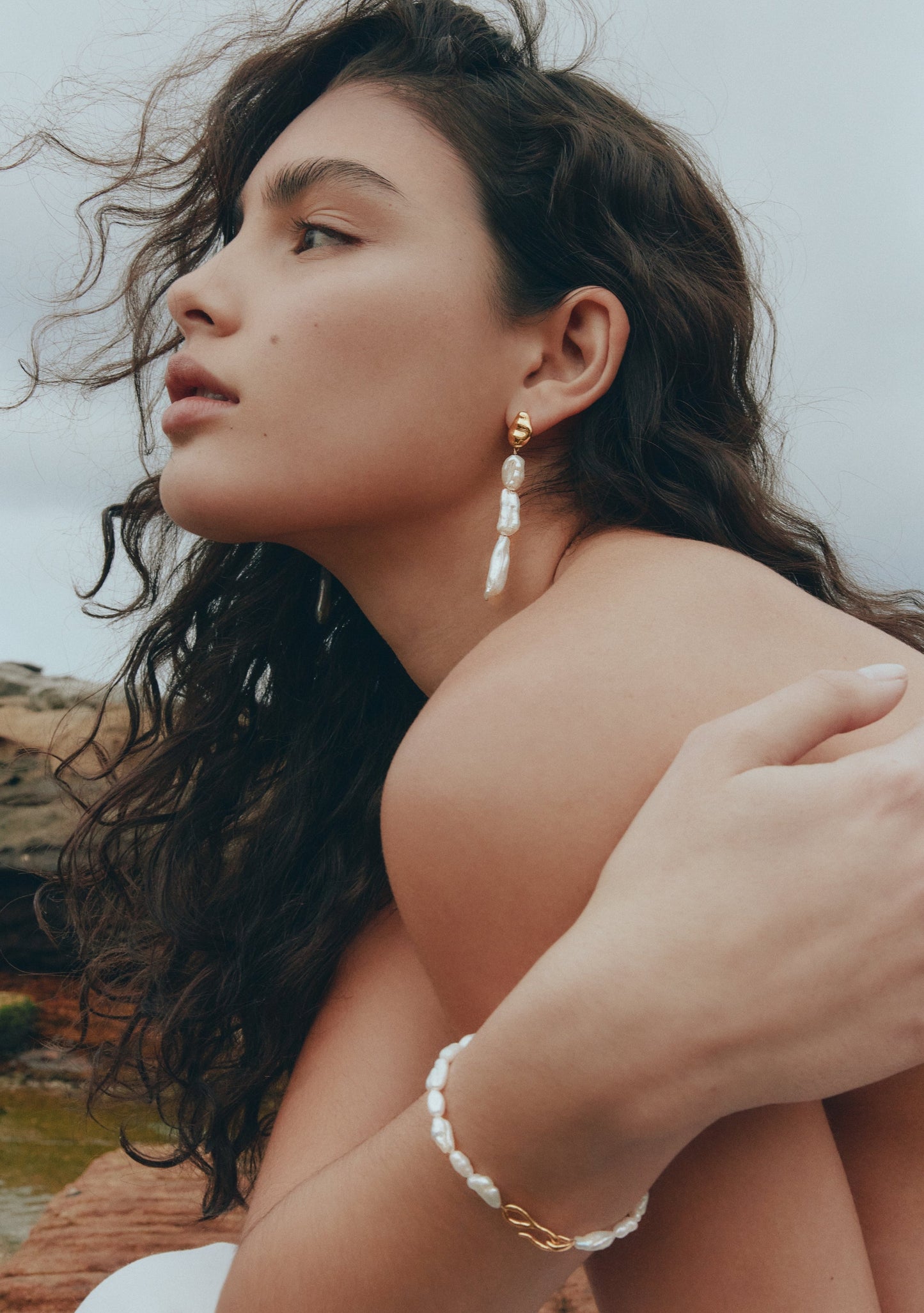 Cielo Long Pearl Drop Earrings - Gold