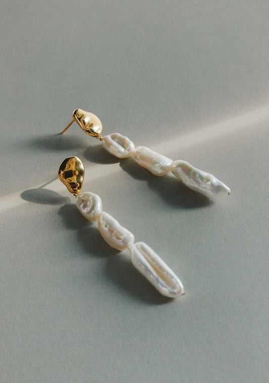 Cielo Long Pearl Drop Earrings - Gold