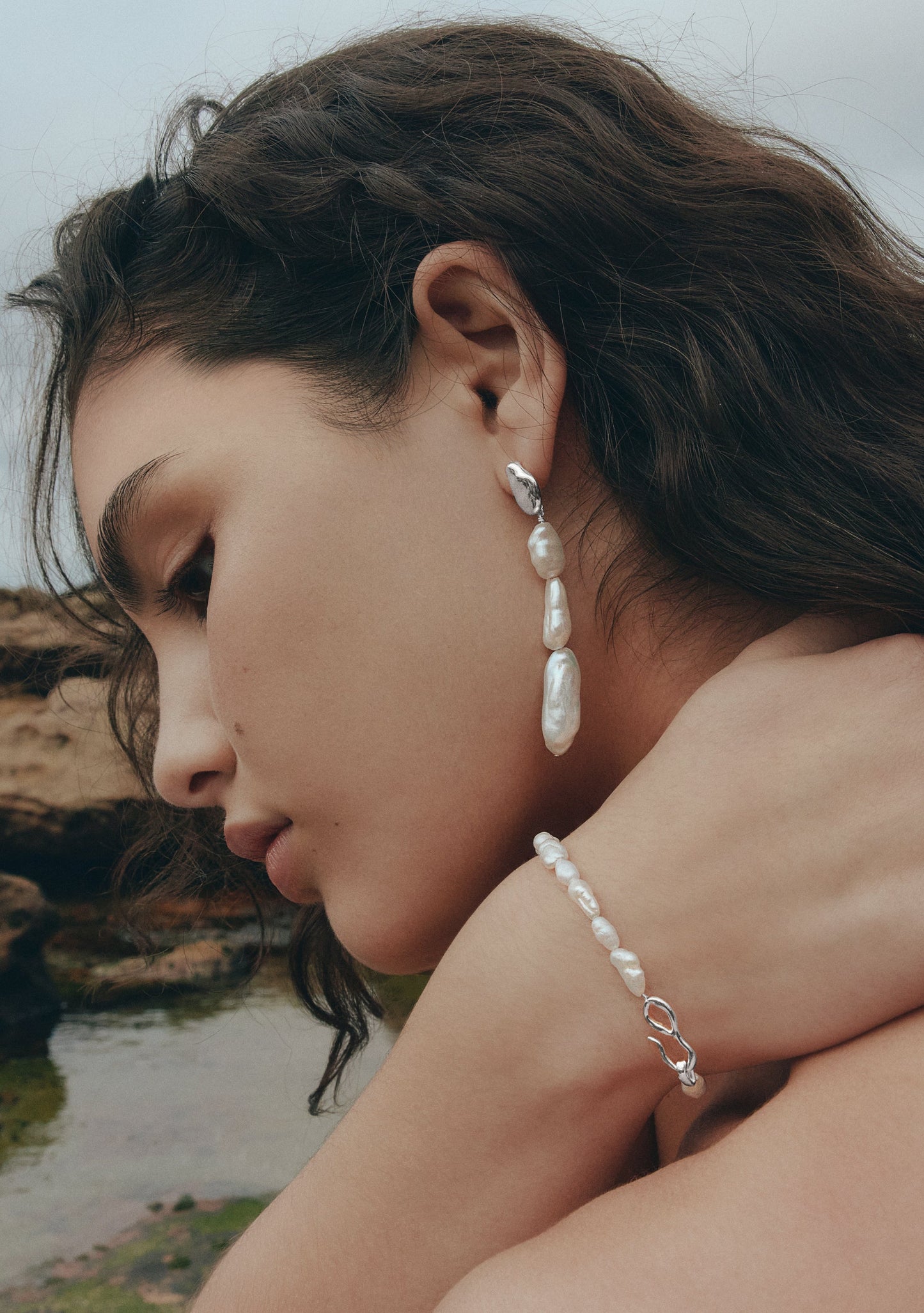 Cielo Long Pearl Drop Earrings - Silver