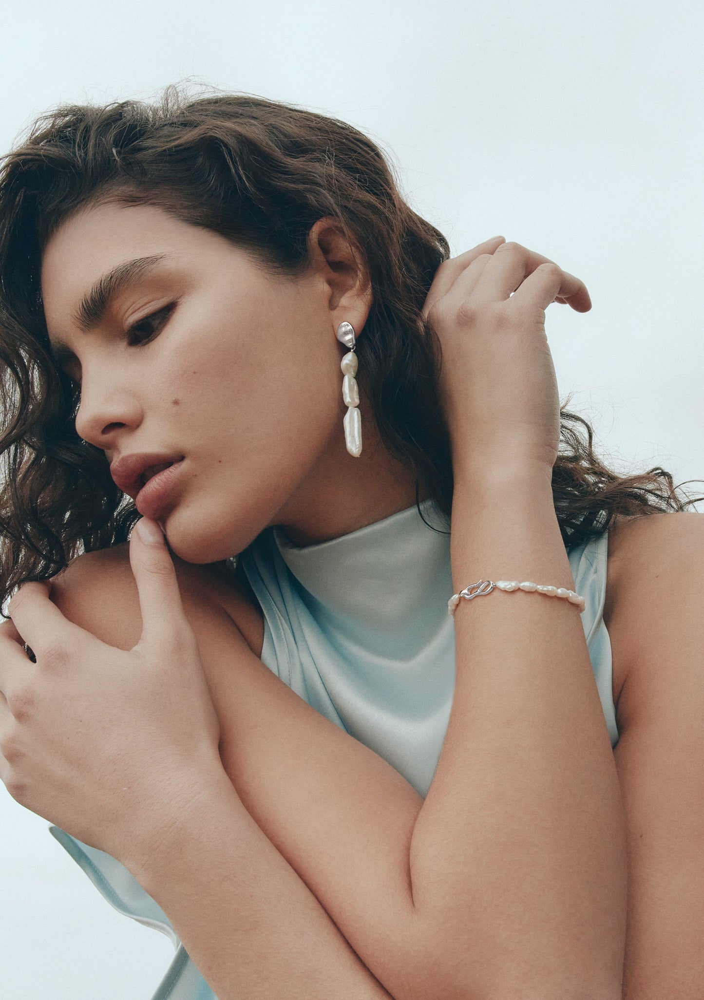 Cielo Long Pearl Drop Earrings - Silver